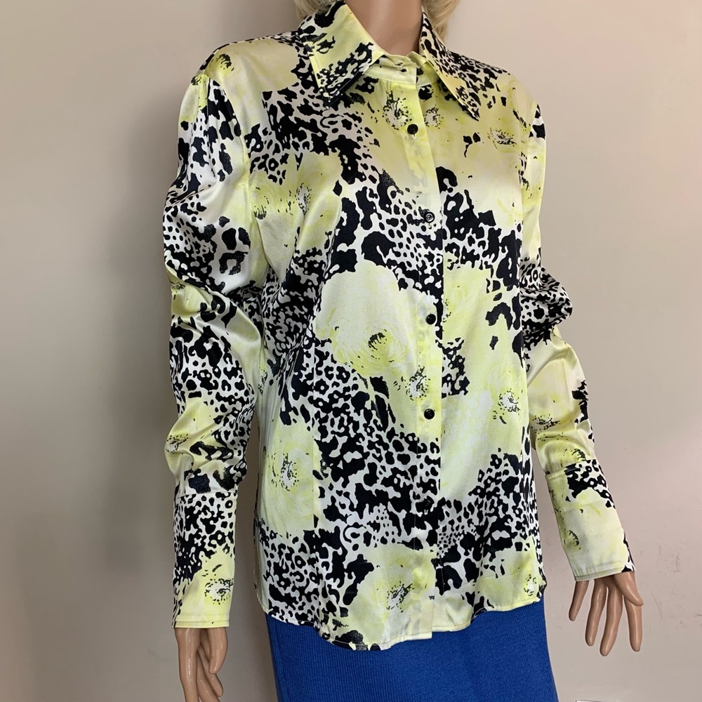 Women's ST JOHN Yellow Black White SILK Button Up BLOUSE Designer SHIRT Top  12
